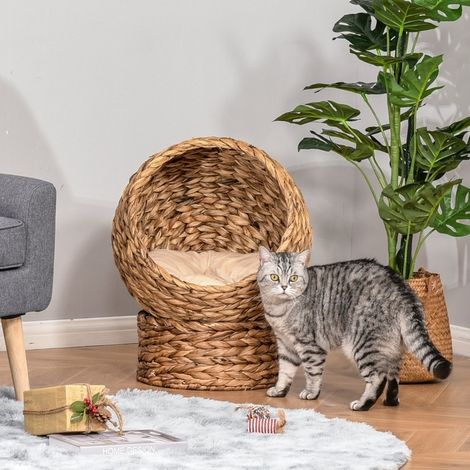 Katzenkorb aus Wasserhyazinthe mit abnehmbarem Kissen, 50 x 42 x 60 cm, hellbraun OKMYHOME (1/5)