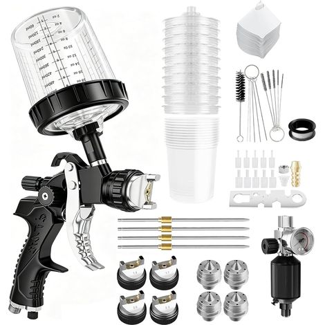Kit Pistolet à Peinture HVLP, Système de Pulvérisation de Peinture Avec Buses de 1,4/1,7/2,0/2,5 mm et Régulateur de Pression d'air, 10 Godets Jetables de 600 ml (1/5)