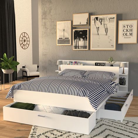 Le Quai Des Affaires – Lit adulte 140x190cm avec tête de lit étagère – 2 tiroirs de rangement sur roulettes – Structure en panneau de particules – Finition blanche (1/5)