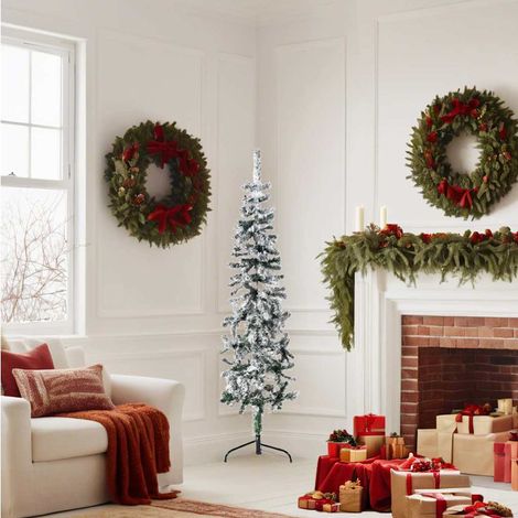 Albero Natale Albero natalizio Albero festivo Artificiale Sottile a Metà Neve Fioccata 150 cm (1/5)