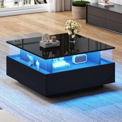 Mesa de centro LED 70 x 70 x 41 cm con 2 cajones y vitrina transparente negra DESVIAE (1/5)