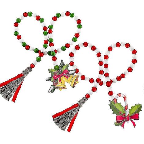 Guirlande de perles en bois de Noël avec pompons classiques verts et rouges, compatible avec le sapin de Noël, pour les fêtes, la maison, environ 85 cm (2 pièces) (1/4)