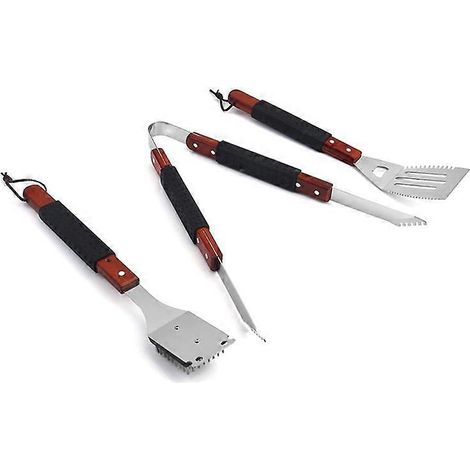 Ensemble de nettoyage pour barbecue comprenant une spatule, une brosse, une pince, un manchon en caoutchouc et en plastique et un manche en bois. (1/5)