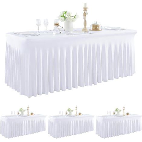 Ecleanfy - Pack de 4 nappes blanches en spandex pour tables rectangulaires de 180 cm, nappe extensible sans plis avec jupon pour banquet,Blanc (1/5)