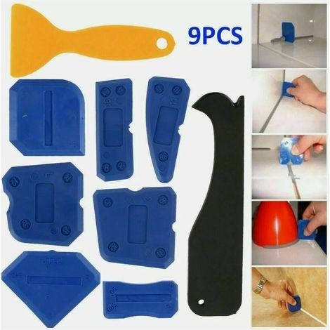 Multifunktionales Klebstoffschaber-Set, 9-teilig, Eckschaber, Glasklebstoffschaber, Fugenentfernungswerkzeug, Winkelschaber, Klebstoffschaber. (1/4)