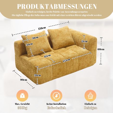 Canapé 2 places confortable jaune sans assemblage, coussin inclus. Poches latérales pour ranger télécommande et téléphone (1/5)