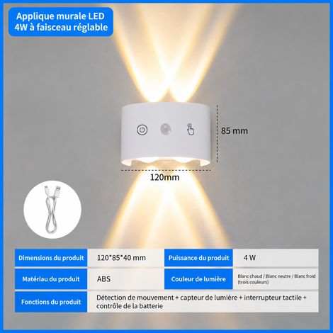 Applique murale LED sans fil, lampe à capteur 4 têtes 3 couleurs, boîtier blanc, 15 × 8 × 8 cm, 360 g. – Livraison gratuite
