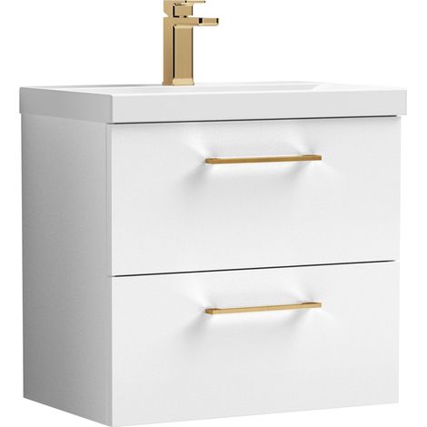 Balterley 600mm Wall Hung Bathroom 2 Drawer Vanity Unit and 1 Tap Hole Ceramic Basin, Gloss White with Brushed Pewter Handles