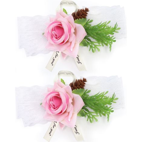 2 Bracelets de demoiselle d'honneur en soie rose, fleur de poignet pour mariée, décoration de cérémonie nuptiale (1/5)