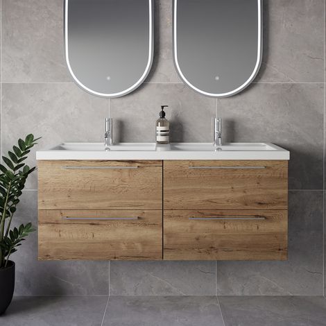 Napoli 390 Tobacco Oak 1200mm Wall Mounted 4 Drawer Vanity Unit with Double Lucia Basins - 1200mm - Chrome 320mm Handle