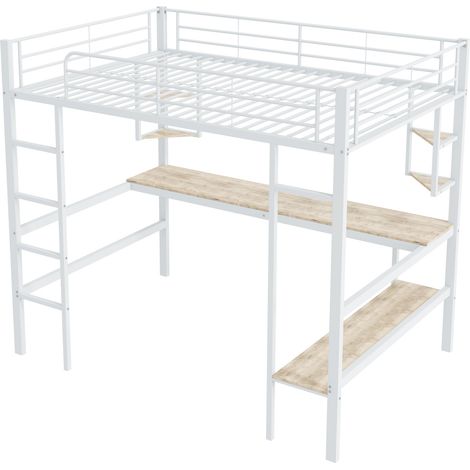 Letto a soppalco in metallo 140x200 cm con scrivania e ripiani, bianco (1/5)