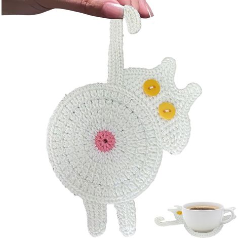 Posavasos de ganchillo con motivo de gato: bonitos posavasos blancos con forma de gato para la decoración del hogar y la oficina alfombrillas aislantes térmicas. (1/5)