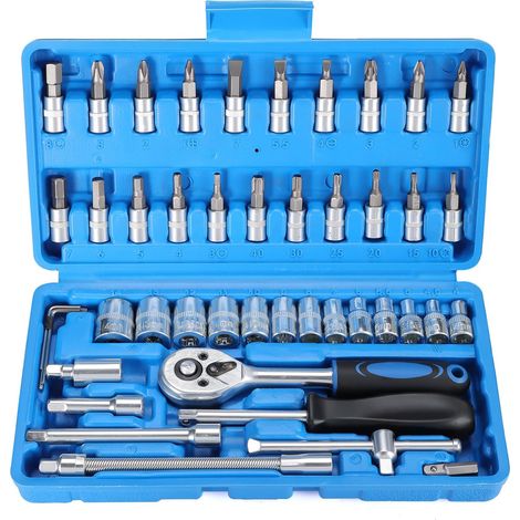 46PCS - Coffret de Douilles - Jeu d&39Embouts - Clé à Cliquet 72 Dents 1/4&34 Acier Cr-V pour Mécanique et Bricolage Bleu 22,5x12x5cm (1/5)
