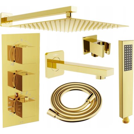 Mexen Cube DR02 Unterputz-Badewannen-/Brausegarnitur mit Regenbrause 25 cm, Gold - 77503DR0225-50 (1/5)
