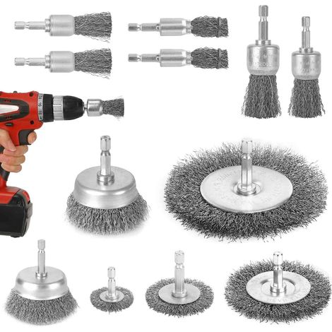 Lot de 12 brosses métalliques pour perceuse, roue métallique en acier au carbone pour perceuse, tige hexagonale de 6,35 mm, idéale pour la rouille, la peinture, le nettoyage du bois, la brosse (1/5)
