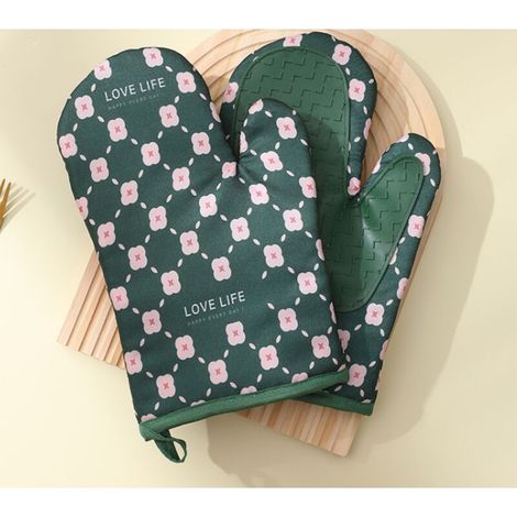 Gants de Four, Lot de 2 Gant de Cuisine Double Couche en Silicone et Coton, Design Antidérapant, Étanche et Anti-Chaleur, Mitaines pour Cuisiner,vert (1/5)