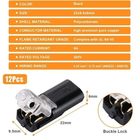 Connecteurs électriques basse tension – 12 pièces, 2 broches, pour câbles 18–22 AWG, noir, en cuivre étamé