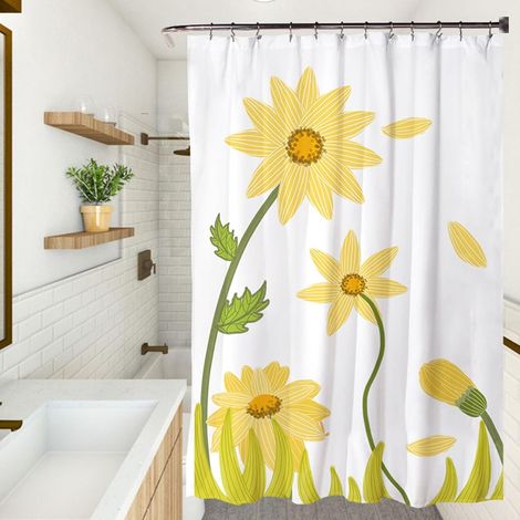 Rideau de Douche Imperméable 120 x 180 cm Personnalisable, Lavable en Machine, Lesté, Séchage Rapide, avec des Crochets Anti Moisissure Rideau Baignoire, Fleur Jaune (1/5)