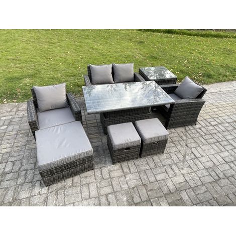 Fimous High Back Rattan Garden Furniture Sofa Sets with Height Adjustable Rising Lifting Table Side Table 3 Footstools Dark Grey Mixed (1/5)