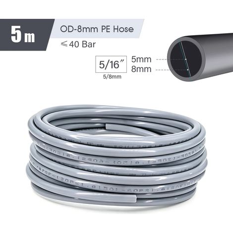 Raccord rapide pour tuyau d'arrosage de 8 mm de diamètre extérieur (5 m) - Raccord en PE 5/16" pour tuyau de 5/8 mm - Système d'irrigation de jardin - Té, coude, bouchon, buse (1/5)