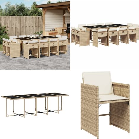 Set comedor de jardín con cojines 13 pzas ratán sintético beige - Sillas de jardín - Cojines para sillas