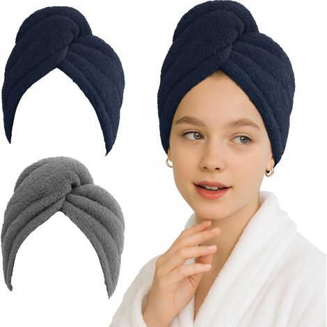 2-teiliges Set saugfähiger Mikrofaser-Haarhandtücher, schnelltrocknendes Handtuch mit weichen Anti-Frizz-Knöpfen für Kopf und langes Haar, alle Haartypen