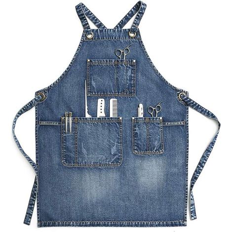 Tablier unisexe en jean bleu pour coiffeur, artisans, barista, barbecue, avec poches pratiques pour homme et femme (1/5)