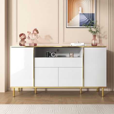 Buffet 150x40x80 cm, avec éclairage LED, 4 portes, 1 tiroir, 1 grand compartiment, finition brillante, bordure et pieds dorés, convient pour le salon et la cuisine - Blanc (1/5)
