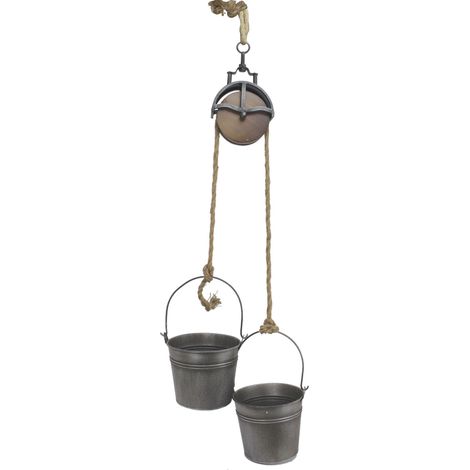 Metalleimer mit Umlenkrolle Deko Set Silber Grau MB27 Seil Dekoration Pflanztopf Pflanzen Blumentopf Kübel Seilwinde Wassereimer (1/5)
