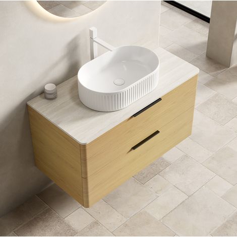 Waschtisch 90 cm, mit ovalem Keramikbecken, Travertin Sinterstein Arbeitsplatte, gebogener Schrank mit 2 Schubladen, Eiche Beige Weiß (1/5)