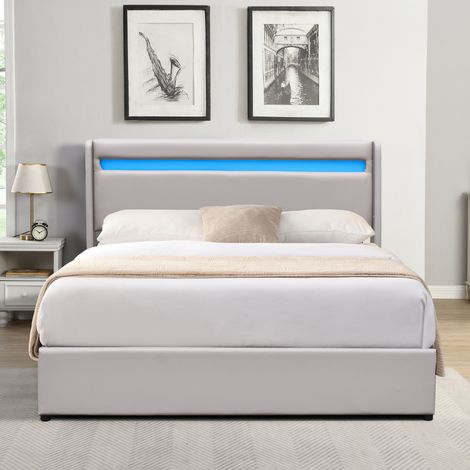 Cama con arcón desenfundable gris 140x200 cm con cabecera LED y 14 lamas - Montaje rápido y fácil, revestimiento de PVC simili de fácil mantenimiento