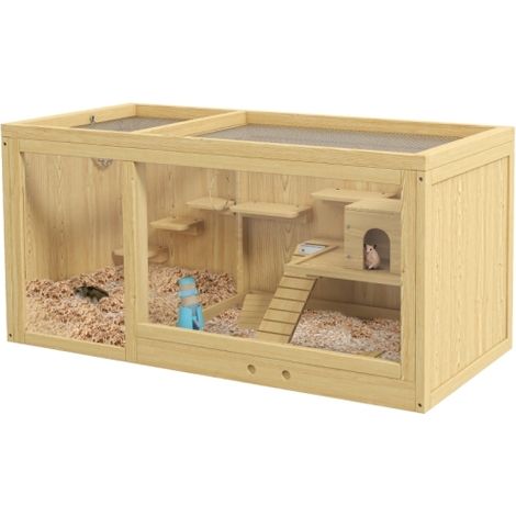 Natural Wooden Hamster Cage with Water Bottle, Platforms, Openable Roof, Sliding Tray, Hut, and Seesaws for Hamsters (1/5)