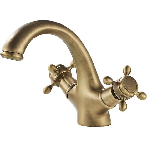 Salle de bain Mélangeur Lavabo Fixe Style Rétro Aérateur Économie d’Eau Mitigeur à deux poignées,Or Brossé (1/5)