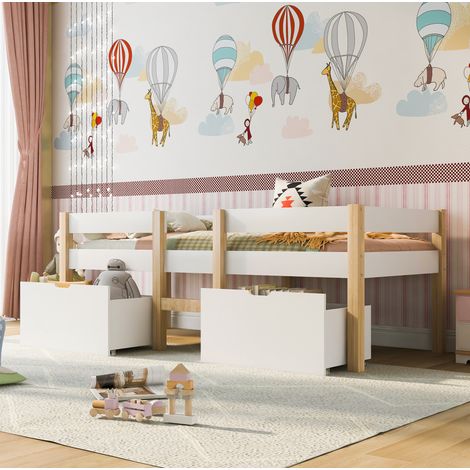 Cama infantil semialta 90x200 cm blanca de pino macizo con cajones y barrera de seguridad (1/5)