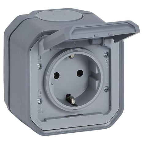 LEGRAND, PLEXO NEW 069730L PRISE MURALE EN SAILLIE POUR PIÈCES HUMIDES, NORME SCHUKO, AVEC COUVERCLE À CHARNIÈRE, PROTECTION ANT