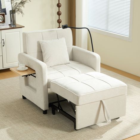 Sillón cama 167x79x83 cm beige en chenilla convertible 2 en 1 con respaldo reclinable, almacenaje y mesa lateral (1/5)