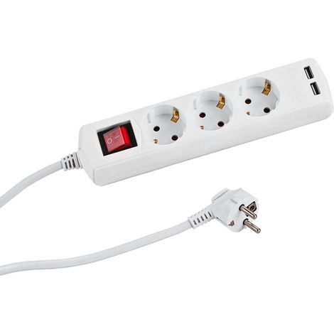 KesTek Steckdosenleiste 3-fach weiß mit Schalter 2x USB Mehrfachsteckdose