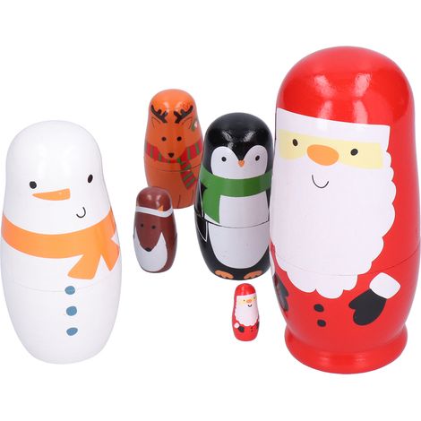 Set aus 6 bemalten russischen Holzpuppen, handgefertigte Dekoration, Cartoon-Ornament für die Inneneinrichtung, originelles Geschenk. (1/5)