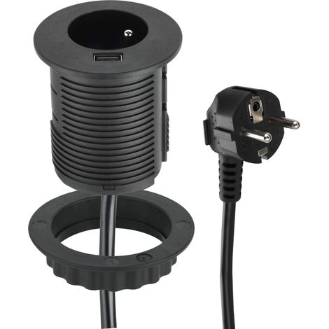 Bloc Multiprise Encastrable Compacte avec 1 Prise + 1 Port USB 2.0A Charge Rapide, pour Bureau/Table, 60 mm de diamètre, Facile a Installer, prolongateur de 2M de câble, Noir (1/5)