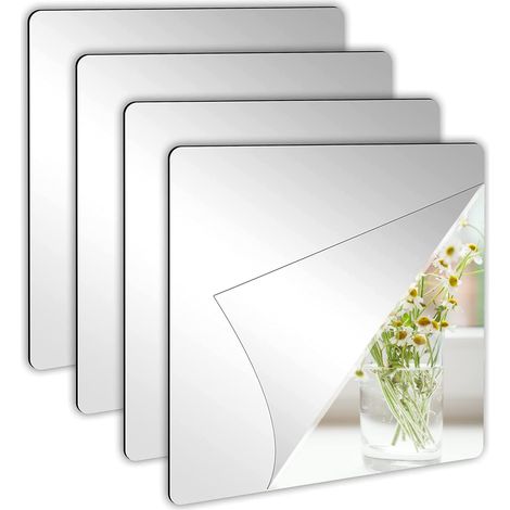 4pcs 20x20cm Miroir Mural Autocollant, Carrés Acrylique Miroir Autocollant Miroir Adhésif, Non Verre Flexibles sans Cadre Décoration Murale Miroir pour Salle de Bain Salon Porte D'armoire (1/5)