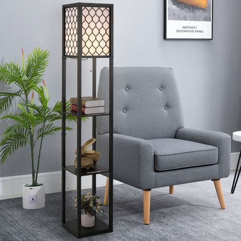 Platzsparende 2-in-1-Stehleuchte mit 3 Ablagen, moderne Lampe für Wohnzimmer, Lounge und Büro, E27-Fassung, 26 x 26 x 160 cm, schwarz-weiß (1/5)