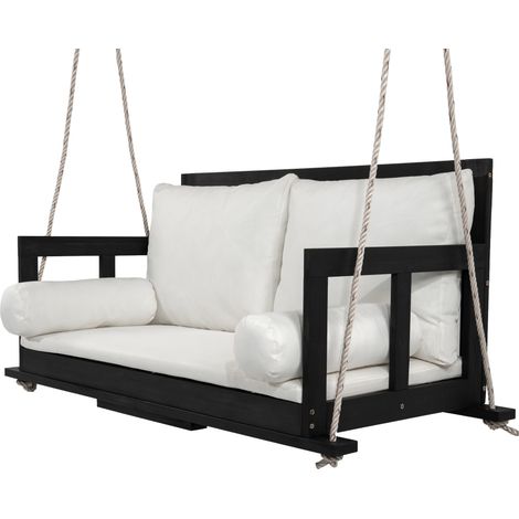 Balancelle double pour jardin – Siège suspendu 2 places en acacia massif, inclut 2 coussins d’assise + 2 dossards + 2 coussins d’accoudoirs, housses amovibles et lavables, livrée avec 2 cordes – Cadre