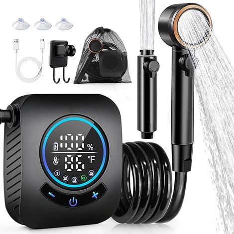 Pompe De Douche Portable - 8000 mAh - Débit 10 L/min - 5 Vitesses - Affichage LED - Étanchéité IPX8 - Pour Camping, Voyages, VR, Plage, Animaux - 1 Pièce (1/3)