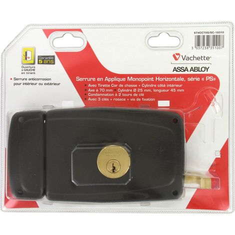 Serrure en applique, Horizontale à tirage Gauche, Série PS, pour Porte d'Entrée - 674CC70/SC G - Sûreté à cylindre 5 goupilles, Axe à 70 mm, Ouverture Cor de chasse, 3 Clés - Gris
