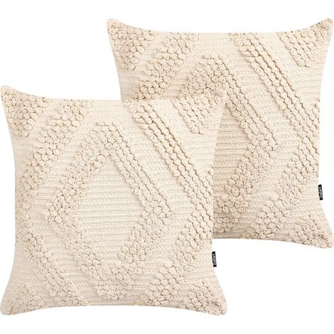 2 Coussins en Coton Blanc Cassé 45 x 45 cm Texturé Style Boho Accessoire Doux Catalpa