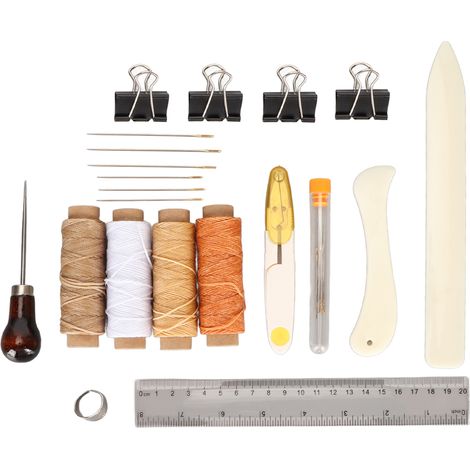 Kit de couture cuir 21 pièces : fil ciré, ciseaux, aiguilles inox pour réparation artisanale DIY (1/5)