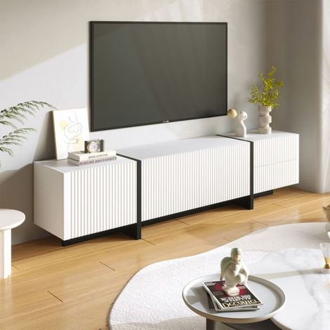 Mueble de TV 190 cm, Blanco y negro, con 3 puertas y 2 cajones, Estilo simple y moderno, mueble de salón