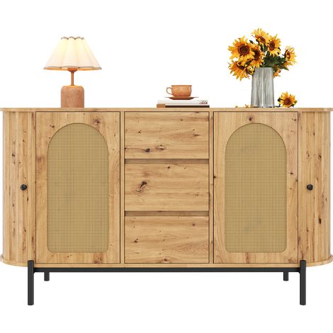Buffet bas ovale avec portes coulissantes, 3 tiroirs, étagères réglables, imitation bois et tressage naturel, pieds métal noir, meuble de rangement CHICFURN (1/5)