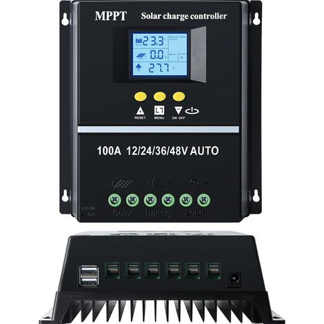 MPPT 100A Solar-Laderegler 12V/24V/36V/48V MPPT Solarregler LCD-Bildschirm Auto ID Max. Eingangsspannung 100V DC Für Blei-/Säure-/Lithiumbatterien Dual USB Schwarz. (1/5)