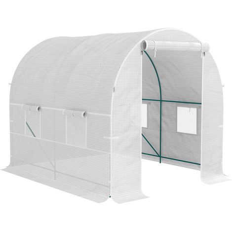 Serre de jardin tunnel 2,5x2x2 m, portes roulantes et fenêtres, 2 renforts diagonaux, structure métal, bâche PE, pour potager légumes fleurs, blanche